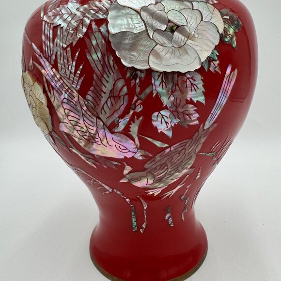 Vntg. Cloisonné Mother of Pearl inlay Red Enamel on Brass VASE 11” tall Large si - Picture 2 of 14